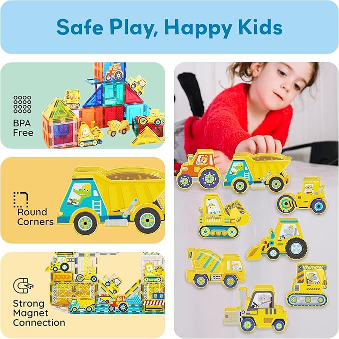 PicassoTiles Magnetic Tile Building Blocks Add On 8 Magnetized Action Figures Construction Vehicles & Zoo Animal Theme Compatible with Magnet Tiles Sets STEM Learning Toy for Boys & Girls Age 3+ PTA21
