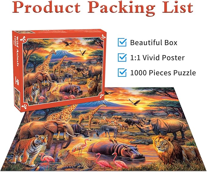 Wild Animals Jigsaw Puzzles 1000 Pieces for Adults Lion Tiger Elephant Wildlife 1000 Piece Jigsaw Puzzles for Adults
