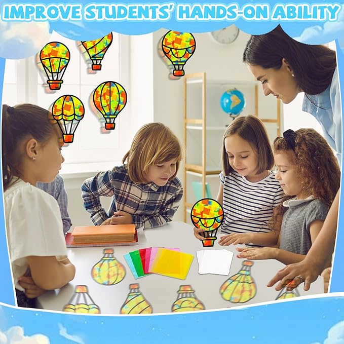 QOUBAI 32 Sets Air Balloons Suncatchers Craft Kit DIY Window Stained Glass Effect Hot Air Balloons VBS Paper Craft Home School Classroom Decoration Kid Birthday Gift Creative Art Project Activity Game