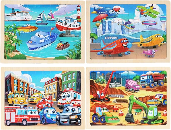 Wooden Puzzles Vehicle Toys for Kids Ages 3-5, Set of 4 Packs with 60-Piece Wood Jigsaw Puzzles, Preschool Educational Brain Teaser Boards for Boys an
