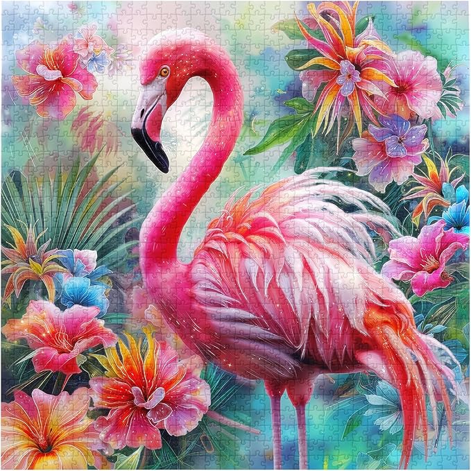 PICKFORU Pink Flamingo Puzzles for Adults 1000 Pieces, Colorful Flower Spring Garden Puzzle, Plant Animal Jigsaw Puzzles