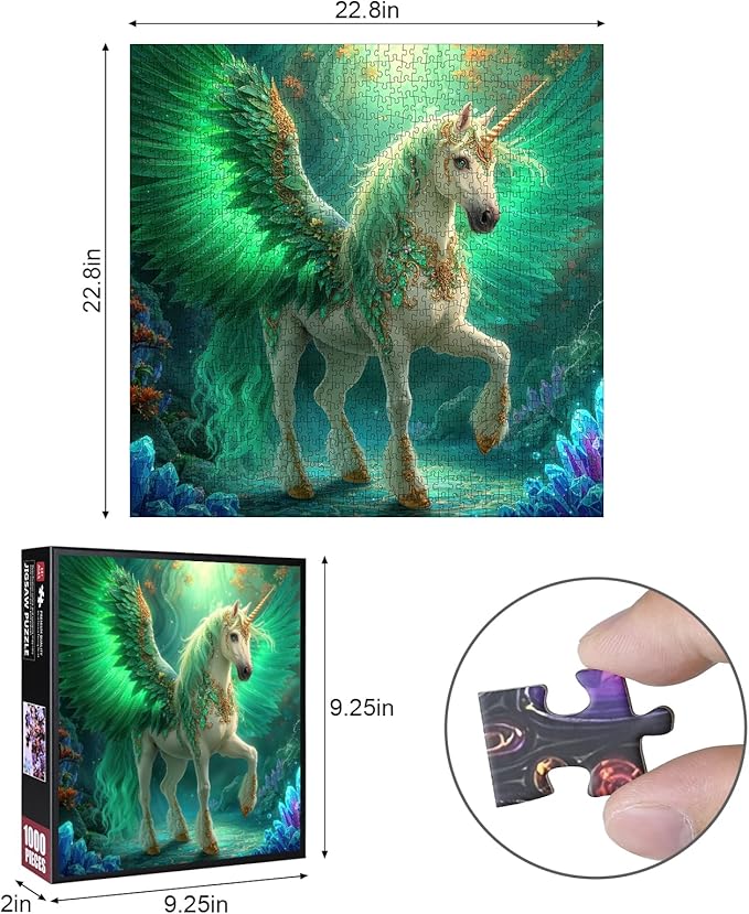 Emerald Winged Unicorn Jigsaw Puzzle for Adults 1000 Pieces - Fantasy Art with Crystals & Gold, 22.8 Inch Square, Lettered Back, Premium Magical Home Decor & Gift