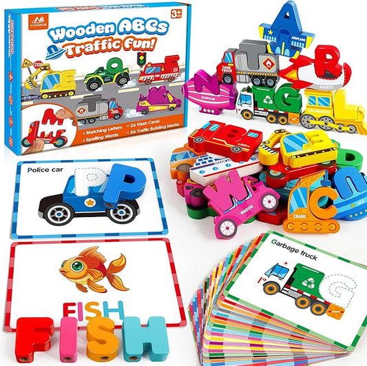 Vanmor Wooden Vehicle Alphabet Puzzle for Toddlers, Traffic ABC Letter Sight Words Matching Game with 52 Blocks and Flash Cards, Spelling Game Toys, Kindergarten Preschool Learning Activities