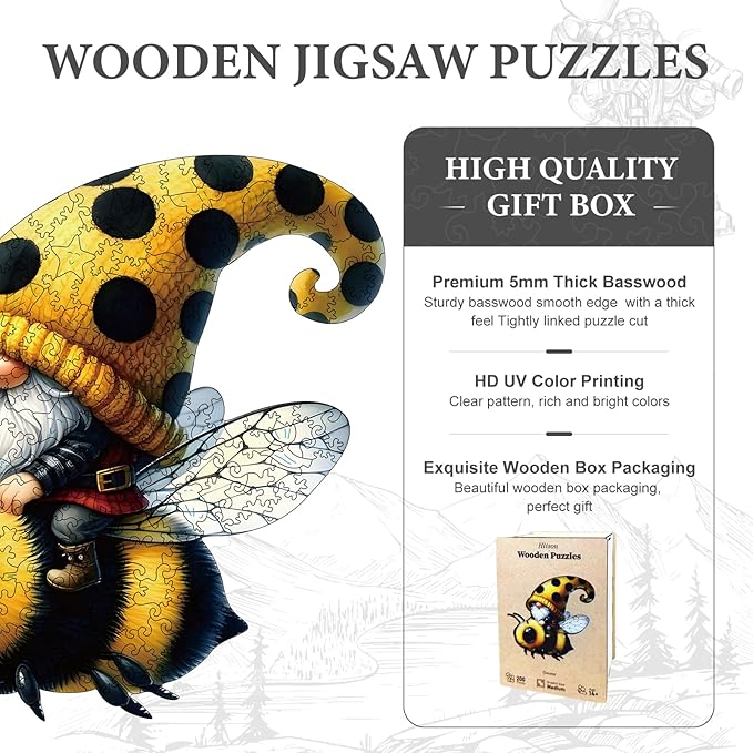 Wooden Jigsaw Puzzles, Bee Gnome 200 Pieces Wooden Puzzles for Adults, 10.6"x11.1" Wooden Puzzles with Unique Shape, Great Gift and Family Game