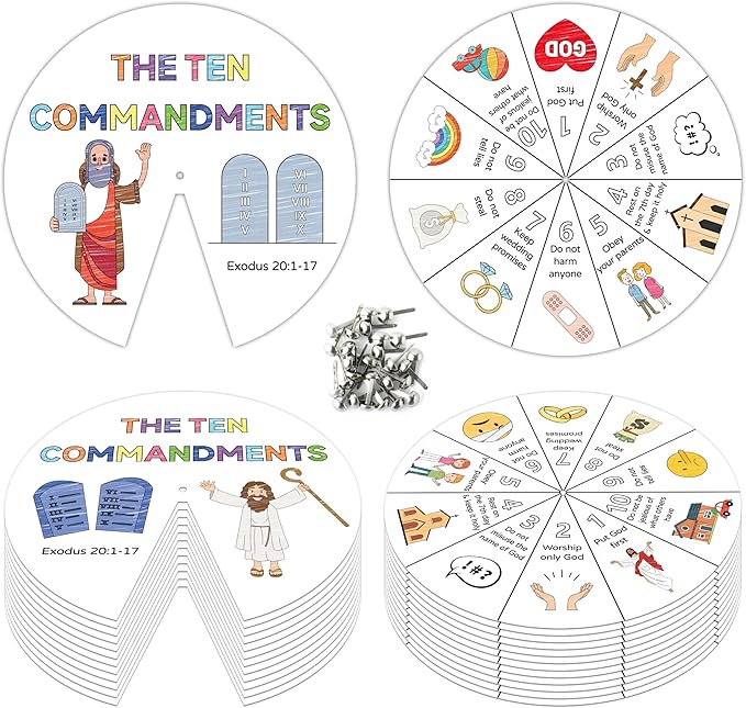 COcnny Ten Commandments Coloring Craft - 24 Sets Color Your Own Religious Art Wheel Kit for Kids, 10 Commandments DIY Craft Art Cards for Sunday School Christian Classroom Home Activities VBS Supplies