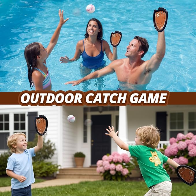 Toss and Catch Ball Set, Toddler Baseball Glove Includes 2 Paddles & 3 Sticky Balls, Catching Ball Game for Beach Yard Pool Outside, Indoor Outdoor Toys Gifts for Kids Ages 3-12, Brown