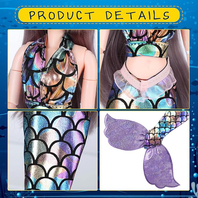 3 Sets Mermaid Doll Accessories Clothes Tail Dress Set Colorful Bikini Swimwear for 11.5-12 Inch Doll(Cute Style,Blue, Pink, Purple)