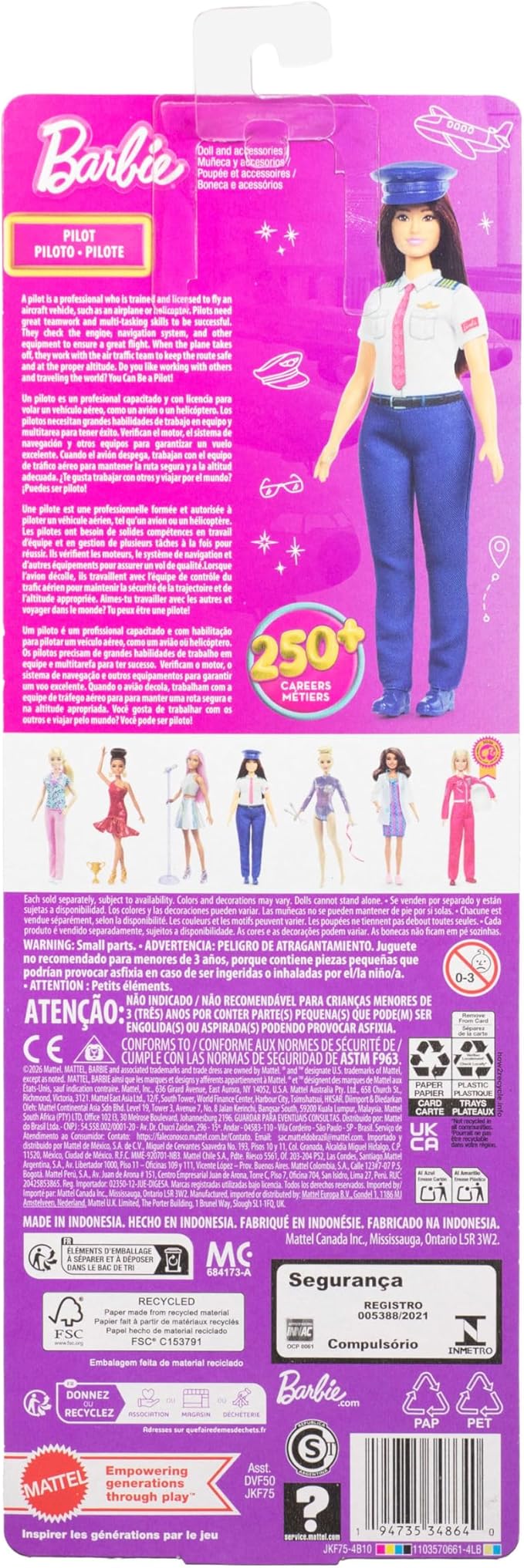 Barbie Careers Pilot Fashion Doll Wearing Removable Look with Flight Uniform & Shoes, Plus Hat Accessory