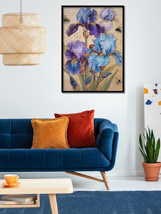 Beautiful Iris Flower Puzzles for Adults 1000 Pieces Spring Nature, Vintage Plant Art Jigsaw Puzzles, Bee Ladybug Floral Landscape Aesthetic Puzzle