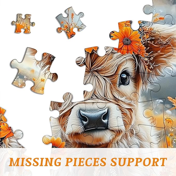 PICKFORUF Floral Calf 1000 Piece Puzzle for Adults,Orange Flower Cute Cow Jigsaw Puzzles 1000 Pieces,Nature Wildflower Grassland Animal Puzzle