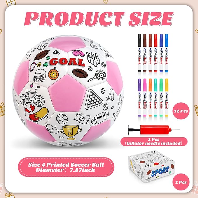 Size 4 Color Your Own Soccer Ball Pink DIY Custom Craft Kit with Pump 12 Markers Personalized Youth Toddler Training Paint Your Own Toy Creative Gift for Kids (Pink Soccer Ball, 4)