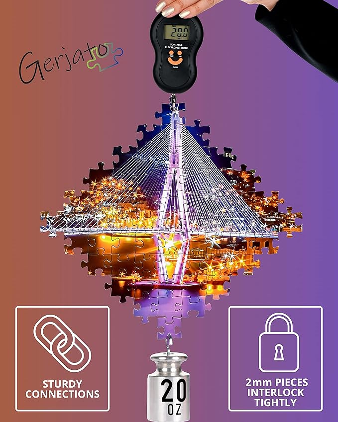1000 Piece Puzzle for Adults - Vibrant Night Cityscape with Moonlit Bridge, Gift-Ready Box, Letters on Back, 8 Jigsaw Puzzle Saver Sheets & Full-Size Poster by GERJATO - Ideal Gift for Loved Ones