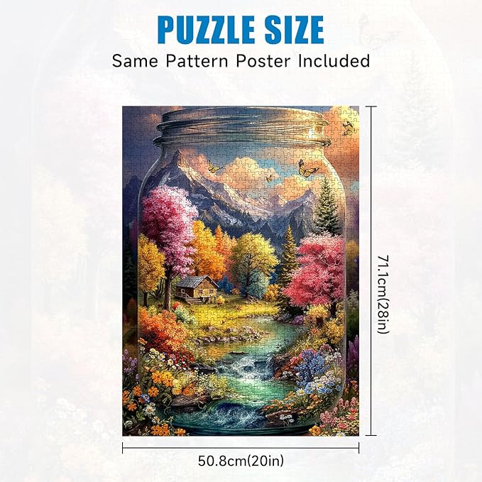 Puzzles for Adults 1000 Pieces, World in a Jar Fall Landscape Jigsaw Puzzle with Cabin River Butterfly, 1000 Piece Puzzle for Adults with Letters on Back, 20 x 28 Inch