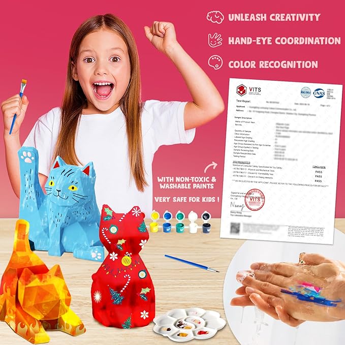 Goody King Paint Your Own Cat Lamp Kit, 3PCS DIY Cat Night Light, Easter Basket Stuffers, Arts & Crafts for Kids Ages 8-12, Painting Kit for Kids, Easter Birthday Gifts for Kids Ages 3+