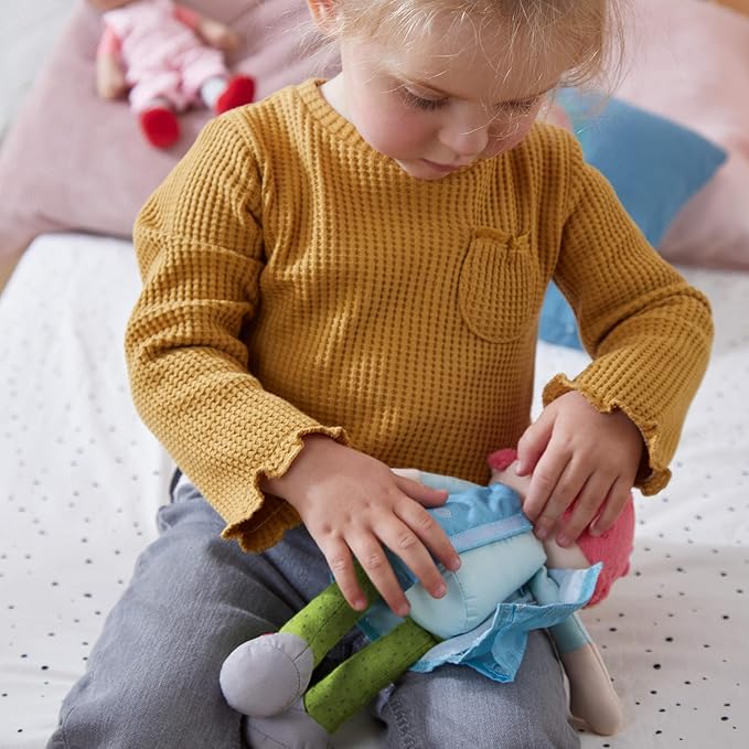 HABA Snug Up Philine - 10" Soft Doll with Embroidered Face, Pink Pigtail and Removable Blue Dress - Machine Washable - Perfect First Doll and Stuffed Cuddle Companion for 18 Months and Up