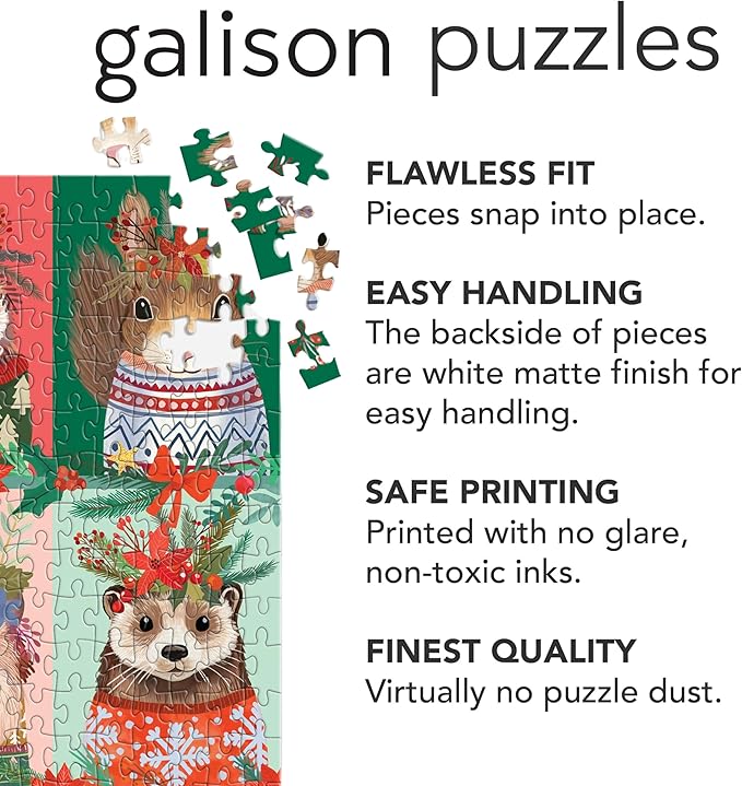 Galison Furry and Bright – 500 Piece Jigsaw Puzzle Featuring Adorable Portraits of Furry Friends Festooned for The Holidays