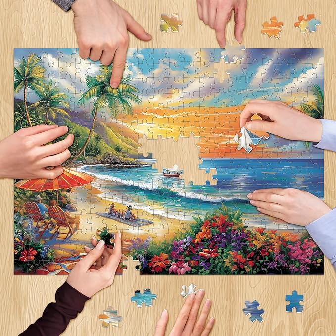 300 Pieces Puzzles for Adults, Summer Beach Jigsaw Puzzles 300 Pieces Puzzles for Adults Kids, Colorful Sunset Boat Jigsaw Puzzles, Birthday and Holiday Challenging Gift Toy 20.5x15 in