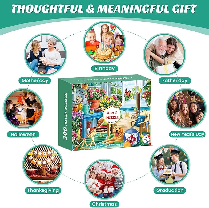 2 Pack 300 Piece Puzzle for Adults, Garden Dogs Seaside Porch Jigsaw Puzzle for Teens,Large Piece Puzzle for Kids 8-10 10-12,Glossy & Sturdy Pieces,Challenging Family Game Great Gift,20.5x15 in