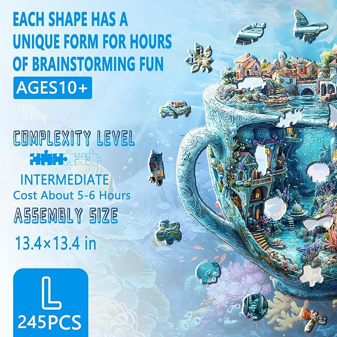 Wooden Puzzles for Adults, Ocean Mug Wooden Jigsaw Puzzle for Adults, Unique Shaped Wood Puzzles Adult, Dreamy City Scenery Puzzle, Fun Gifts & Home Decor (L-13.4 * 13.4in - 245 pcs)