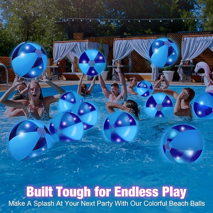 12 Pcs Light up Beach Balls 16'' Jumbo Pool LED Balls Glow in the Dark Neon Giant Inflatable for Summer Hawaiian Tropical Theme Beach Party Decor Water Accessory (Blue)