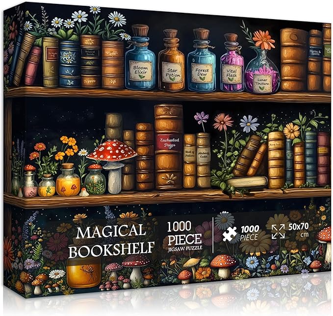 Magic Bookshelf Puzzles for Adults 1000 Pieces, Vintage Book Wildflower Pages Jigsaw Puzzle 1000 Pieces, Plant Floral Potion Mushroom Puzzle, Retro Challenging Hard Puzzle for Book Lovers