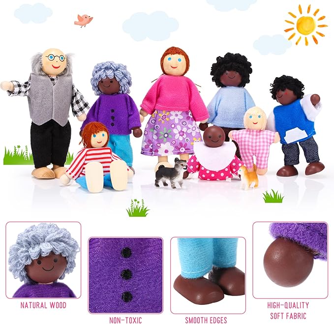 Skylety 20 Pcs Wooden Dollhouse Family Set of 16 Mini People Figures and 4 Pets, Wooden Dollhouse Dolls Cosplay Family Figures Accessories for Pretend Toy(Cute Style)