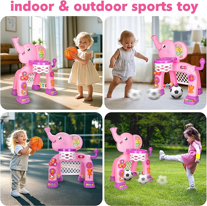 Toddler Basketball Hoop & Soccer Goal, Toys for 1 2 3 Year Old Boys Girls, Kids Sports Toy with Light Sound Music, Montessori Toys for Baby 12-18 Months, Christmas Birthday Gifts for Ages 1-3(Pink）
