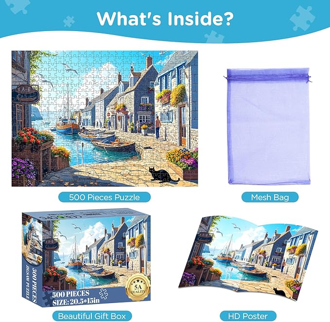 500 Piece Puzzle for Adults, Charming Coastal Village 500 Pieces Jigsaw Puzzles, Seaside Harbor with Cat Puzzle, Perfect for Family Game Night, Ideal Gift for Adults Seniors, 20.5 x 15 in