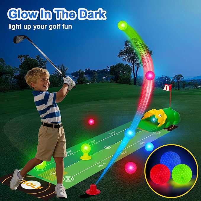 Upgraded Kids Golf Set Kids Golf Clubs With Dinosaur Automatic Golf Returner Toddler Golf Set with Glow Balls, 3-8 Toddler Mini Golf Games, Gator Golf, Indoor Outdoor Sports Toys for Boys, Girls