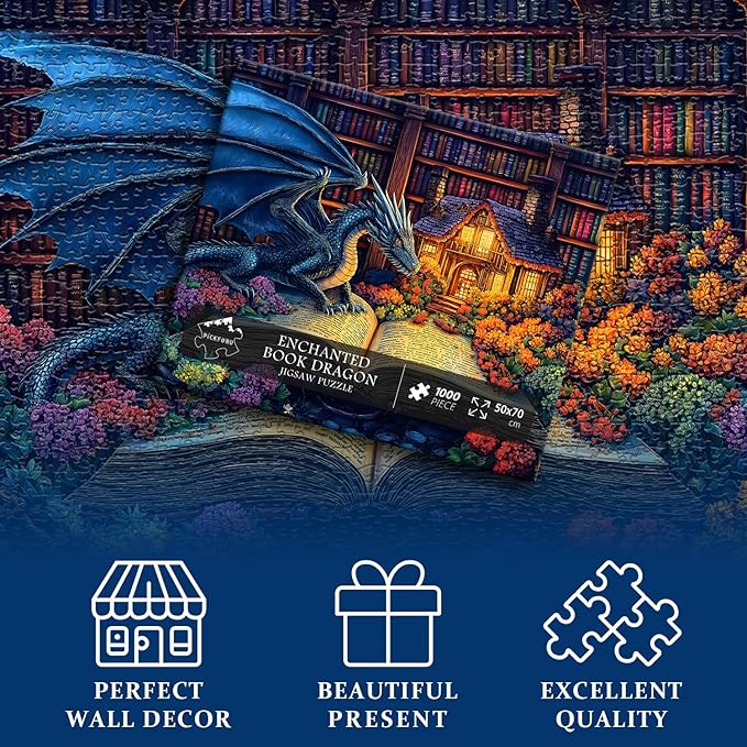 Dragon Puzzles for Adults 1000 Pieces, Magic Dinosaur Library Book Nature Garden Flower Themed, Fantasy Animal Wildflower Challenge Jigsaw Puzzle