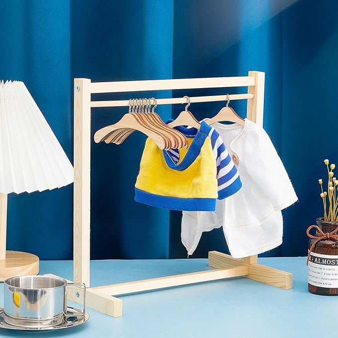 Civaner 22 Pcs Doll Garment Rack with Wooden Clothes Hanger for 18 Inch Girl Doll Clothes Mini Hangers Wardrobe Furniture Accessories for Dollhouse Baby Shower Supplies (Wood,White)