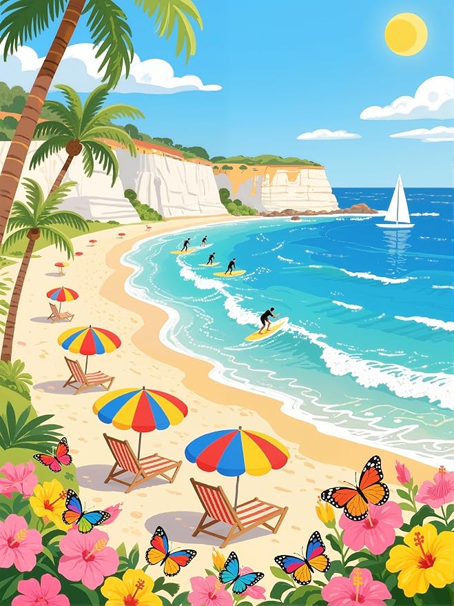 Beach 1000 Piece Jigsaw Puzzle for Adults, Coast Surfing Scenery Puzzle, 27.55 x 19.68 inches Ocean Sailboat Jigsaw for Family Game Night Home Decor