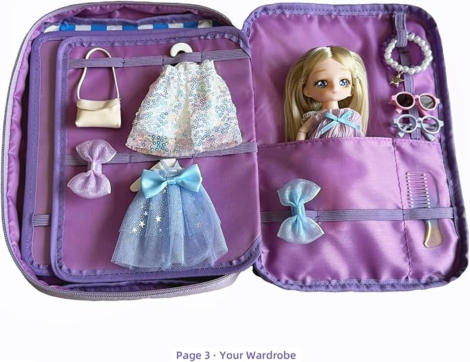 Kids' Portable Travel Toy Storage Bag, Convenience Store Cash Register Pretend Play Set with Realistic Play Food, Doll Dress-Up Outfits & Accessories, Birthday Gift for 3-8 Year Old Girls
