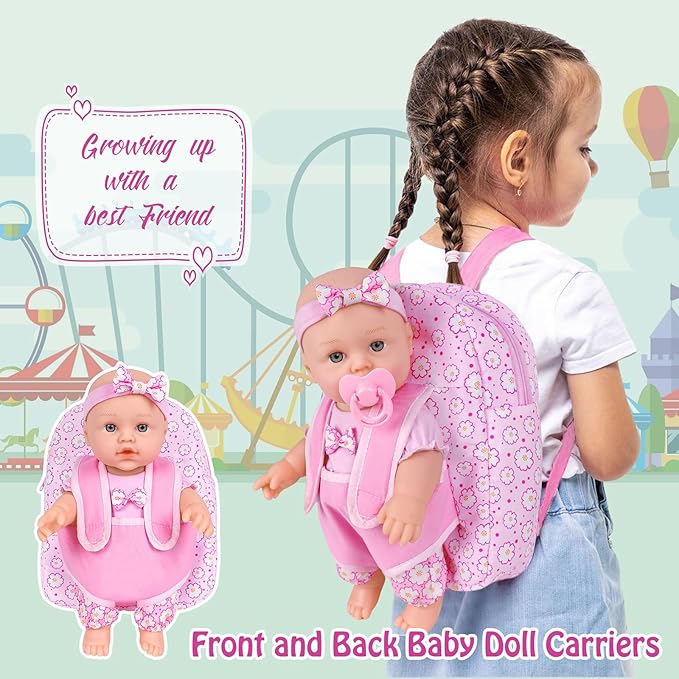 UZIDBTO 12 Inch Baby Dolls with Backpack Carrier Can Store Doll Clothes and Accessories,12" Reborn Baby Doll Set in Gift Box with Feeding Bottle Nipple Diaper for Kids Toddler Age 3+