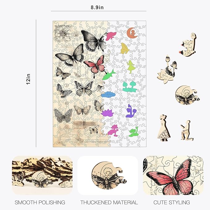 Bodhipnjoy Wooden Butterfly Puzzles for Adults, Vintage Butterfly Flower Jigsaw Puzzle 200 Pieces, Unique Shaped Plants Puzzles for Kids, Puzzles Family Game Gift 8.9 * 12 in