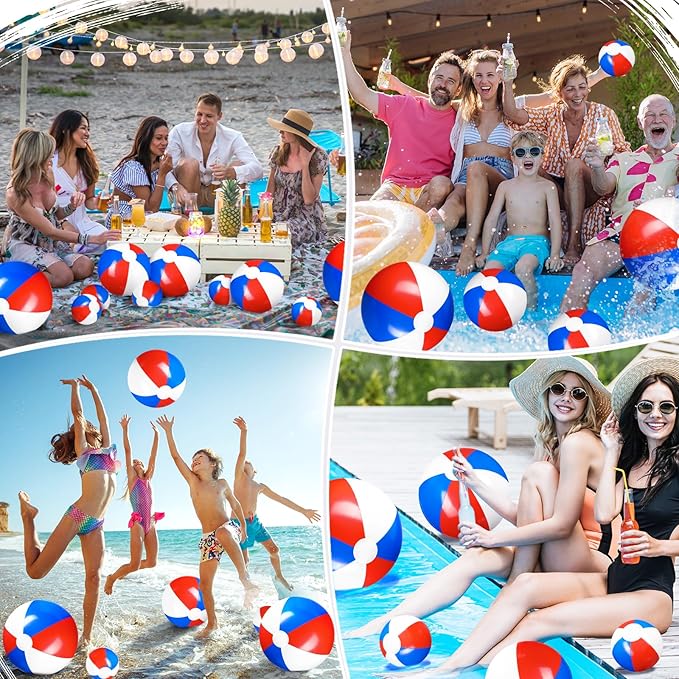 Sratte 20 Pcs Inflatable Beach Balls Bulk, Multiple Sizes Summer Swimming Pool Balls for Adults Hawaii Luau Party Supplies(Red, Blue, White,Classic)