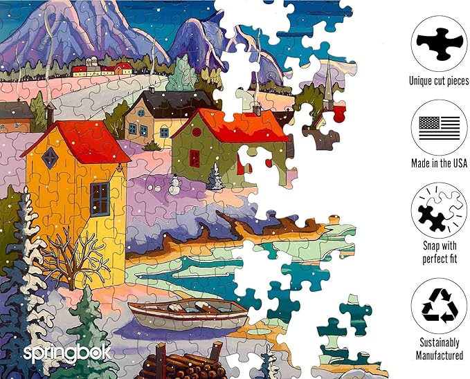 Springbok Moonlit Winter Village 500 Piece Puzzle for Adults - Peaceful Winter Puzzle Featuring a Cozy Snowy Village by a Moonlit Lake
