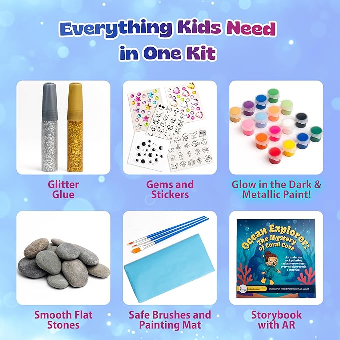 Pinwheel Crafts Rock Painting Kit for Kids Ages 6-12 –14 Rocks, 16 Acrylic Paints (Glow & Metallic), 2 Glitter Glues, Brushes, Stickers, Gems & Googly Eyes – Fun Kids Craft Kits for Boys & Girls