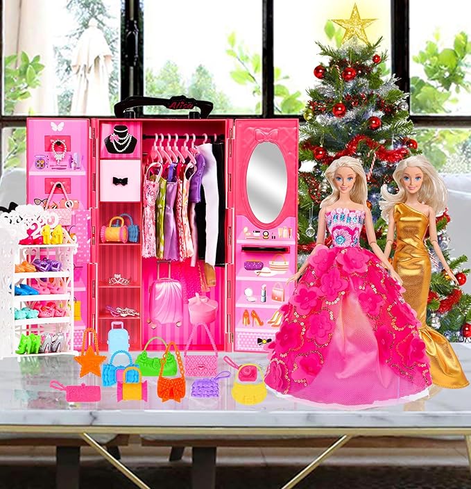 ebuddy 105 Pcs Doll and Closet Plyaset- Wardrobe Set Including One Doll,Wardrobe, Shoes Rack, Dress, Shoes Hangers, Necklace