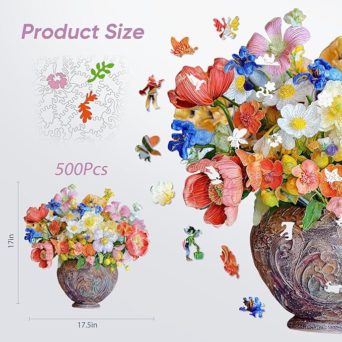 Delobil Flower Wooden Puzzles for Adults, 500 Pieces Vase Jigsaw Puzzles, Unique Shaped Wood Puzzle Birthday Gift for Mom Adults and Kids, Family Game 17.5'' x 17''