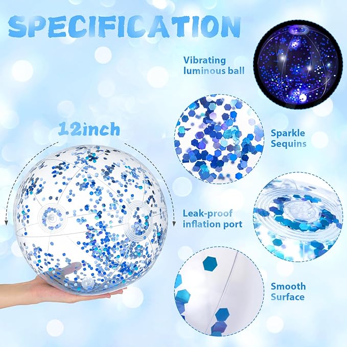 12 Pack 12 Inch Glow in The Dark LED Beach Ball Jumbo Confetti Glitters Inflatable Ball Swimming Pool Game for Party Pool Summer