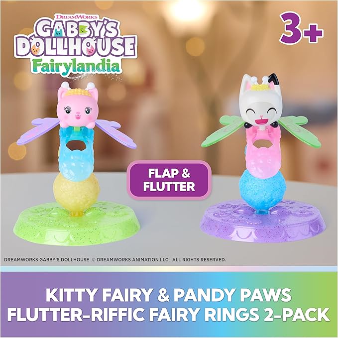 Gabby's Dollhouse Fairylandia, Kitty Fairy & Pandy Paws Flutter-riffic Fairy Rings 2-Pack with Display Stands, Kids Toys for Girls & Boys Ages 3 and Up