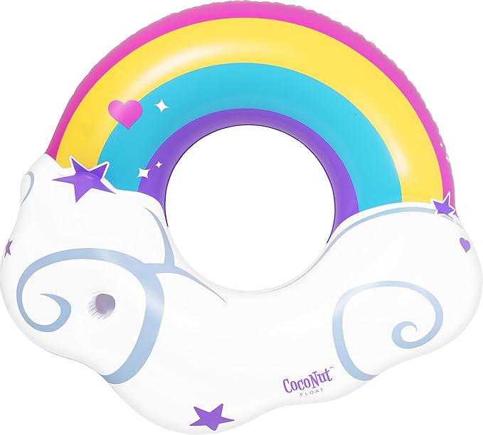 Rainbow Cloud Pool Float – Inflatable Swimming Pool Floaties with Cup Holder – Inner Beach floatie Tube for Party Favors – Summer Vacation Lake Beach Floats Swim Rings Raft Lounger for Adults & Kids