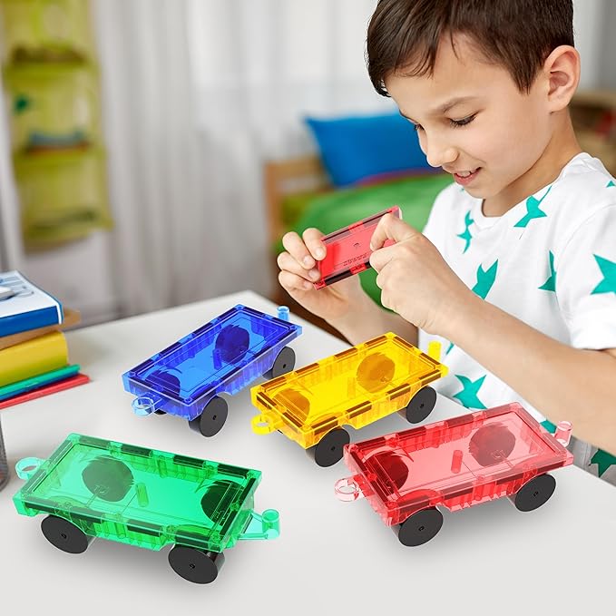 PicassoTiles 4PC Magnetic Tiles Car Truck Base Construction Building Accessory Toy Yellow, Red, Green & Blue Compatible with Magnet Tile Sets Educational STEM Learning Build Kits Boys & Girls PT201