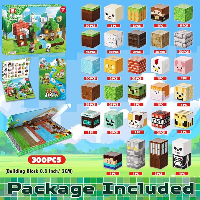 300 PCS Magnetic Blocks - Magnetic Building Blocks Cubes, Magnet Toys for Kids Age 3+, Toy Building Set for Kids, Magnets Stacking Construction Easter Birthday Gifts for Boys Girls Age 4-8, 8-12