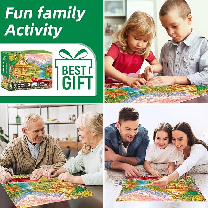 300 Pieces Puzzles for Adults,Lakeside House & Red Boat Puzzle,300 Pieces Puzzle for Seniors Large Piece,Mountains Jigsaw Puzzles for Kids Ages 8-10,Challenging Family Games, 20.5 x 15 in