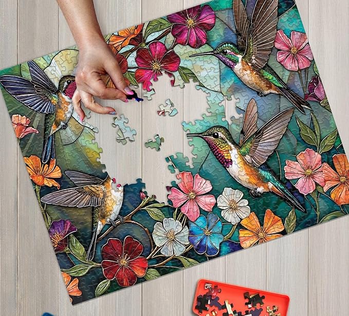 Springbok Hummingbird Hover 500 Piece Jigsaw Puzzle for Adults - Hummingbirds and Flowers - Unique Cut Pieces - Made in USA