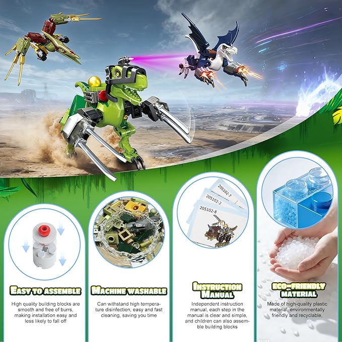 700 Piece Dinosaur Building Set - 8 Battle Dinosaurs with Launchable Weapons, Compatible Building Blocks, STEM Educational Toy for Kids Ages 8-14