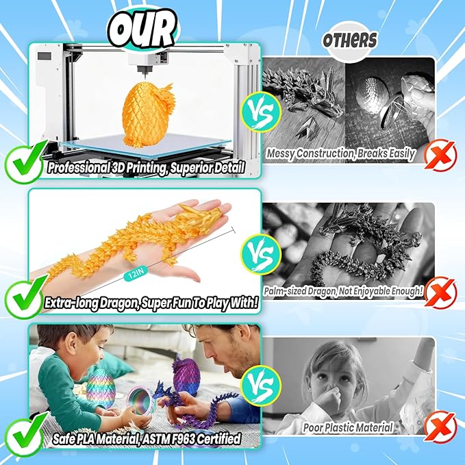 12" 3D Printed Dragon Egg, Mystery Articulated Crystal Dragon Egg Fidget Toys, 3D Print Surprise Animals Toy for Kid Teen Boy Girls (Silk Gold)