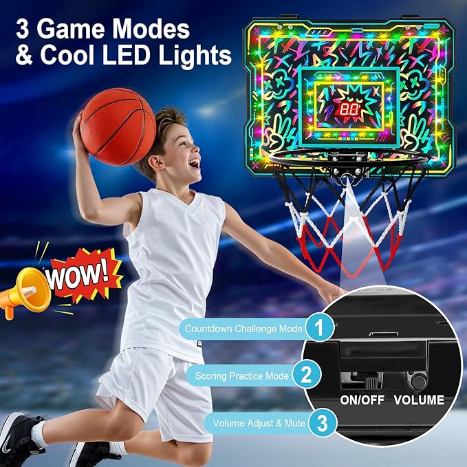 Indoor Mini Basketball Hoop, Over The Door Basketball Hoop with LED Lights/Scoreboard/4 Balls, Upgraded Reinforced Backboard Frame, Basket Ball Toys Gift for Kids Ages 3-5-12+ Boys Girls